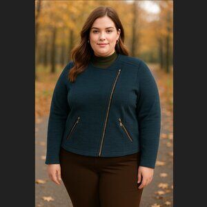 Torrid Moto Jacket 2X Blue Knit Zip Front Plus Size Stretch Fall Layer Pockets